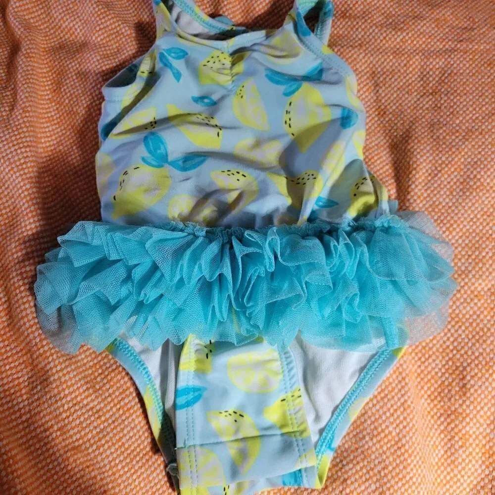 Cat & Jack One Peice Baithing Blue And Lemons Tutu Bottom Snaps Size 6-9M